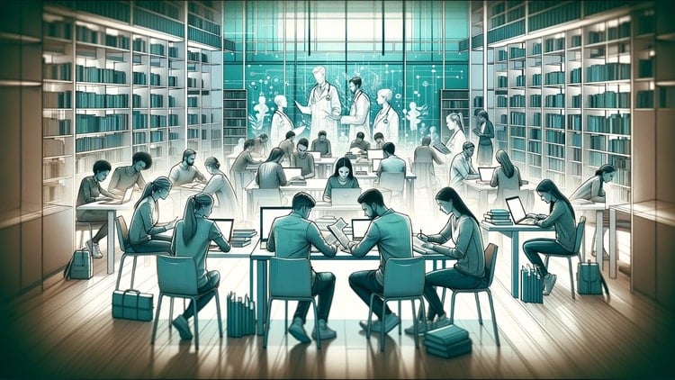 DALL·E 2023 12 18 14.57.51 An artistic representation of studying for university entrance exams with a focus on medicine. The image shows a diverse group of students Caucasian