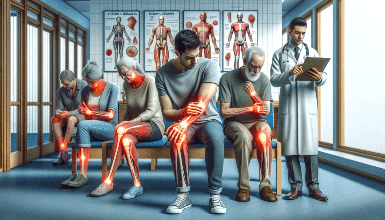 Reumatologistas em Ribeirão Preto 1 A imagem representa uma cena em uma clínica médica, onde um grupo diversificado de pacientes demonstra vários sintomas comuns de doenças reumáticas, como dor nas articulações, rigidez, inchaço, vermelhidão e limitação de movimento. Os pacientes estão sentados na área de espera, cada um mostrando sinais de desconforto em diferentes articulações. O ambiente é moderno e clínico, com cartazes informativos sobre doenças reumáticas nas paredes, transmitindo uma sensação de empatia e o impacto diversificado das condições reumáticas.