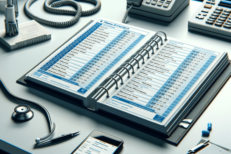 DALL·E 2023 12 20 15.45.31 A realistic 3D rendered image of a medical phone directory open on a desk. The directory is filled with contacts for doctors hospitals and clinics