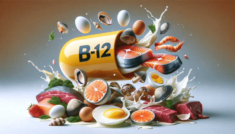 capsula de vitamina B12, contendo alimentos ricos em vitamina b12