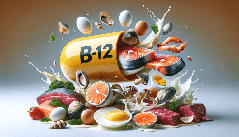 Deficiência de Vitamina B12 e Folato 1 capsula de vitamina B12, contendo alimentos ricos em vitamina b12
