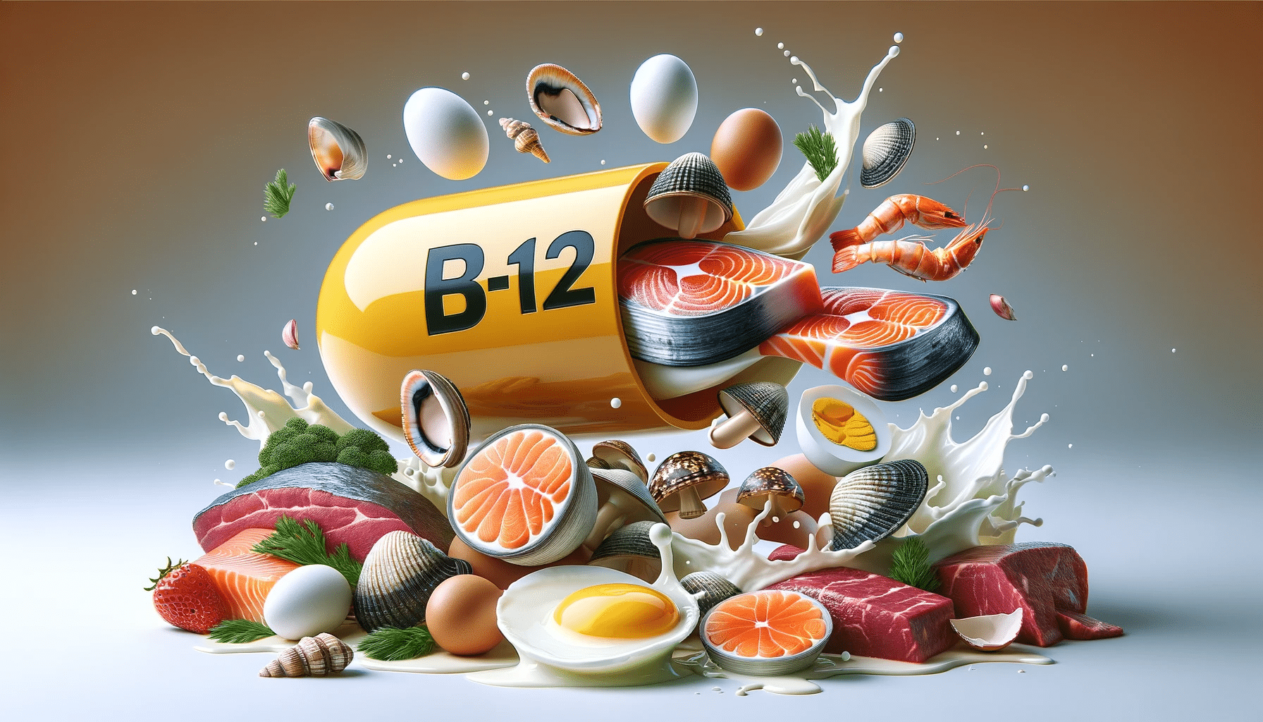 capsula de vitamina B12, contendo alimentos ricos em vitamina b12