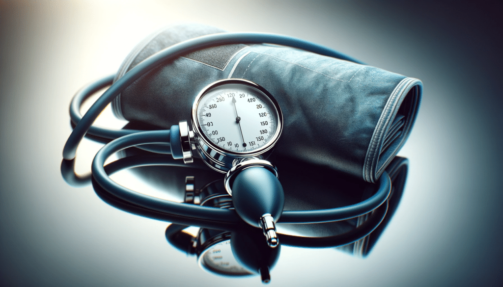 A close up horizontal image of a sphygmomanometer the medical device used to measure blood pressure on a smooth reflective surface. The device has