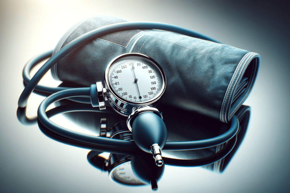 A close up horizontal image of a sphygmomanometer the medical device used to measure blood pressure on a smooth reflective surface. The device has