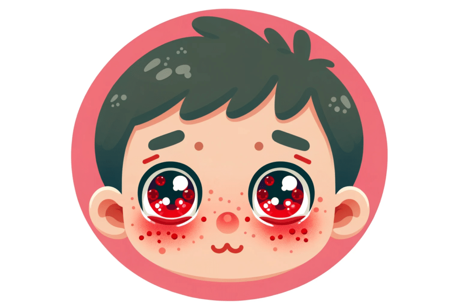 A horizontal cartoon style illustration of a child with conjunctivitis showing red watery eyes in a colorful and child friendly design