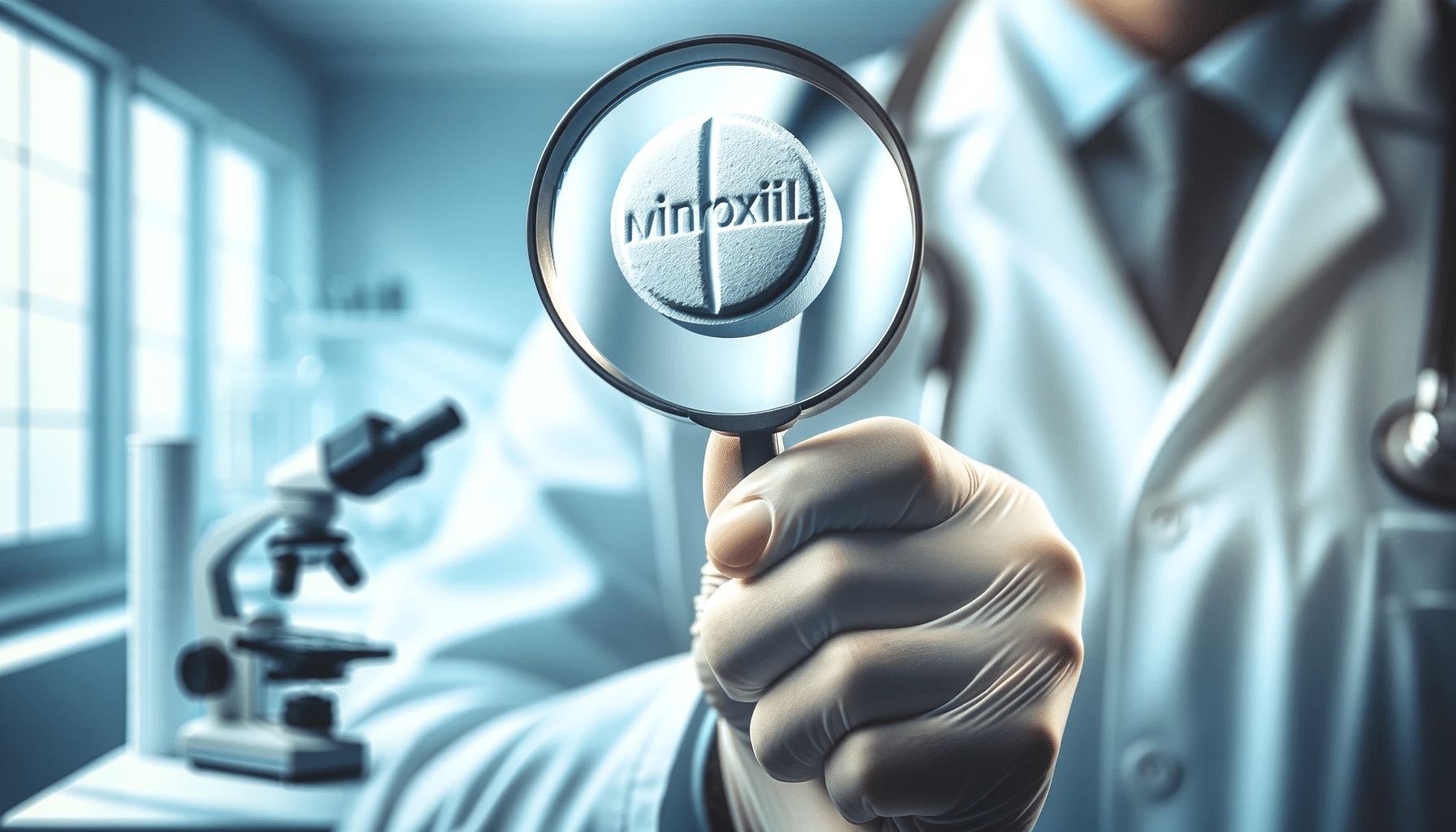 DALL·E 2023 11 29 10.39.56 Close up horizontal photo of a doctors hand holding a MINOXIDIL pill under a magnifying glass focusing on the intricate details of the pill. The