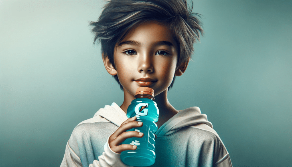 DALL·E 2023 12 08 13.56.56 A horizontal image featuring a child of mixed descent with a blend of Caucasian Latino American and East Asian features drinking an isotonic drink