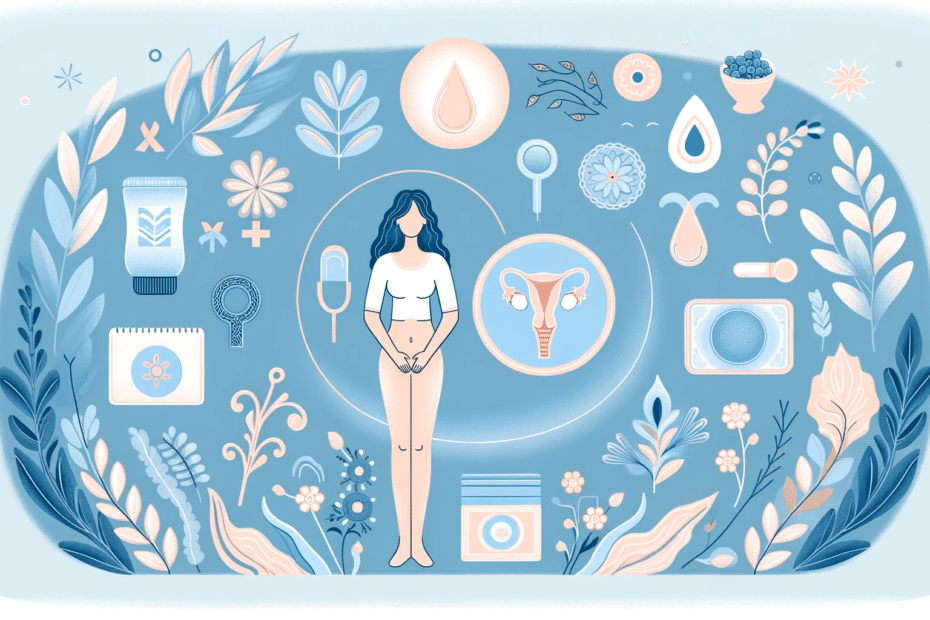 Uma ilustracao educativa e delicada sobre o tratamento com estrogenio vaginal para a Sindrome Geniturinaria da Menopausa. A imagem deve ser horizontal
