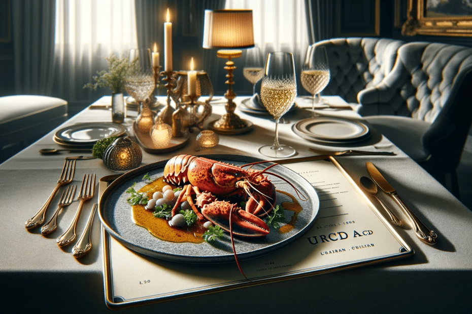 a gourmet lobster dish elegantly presented on a plate in a fine dining restaurant setting. The plate is set on