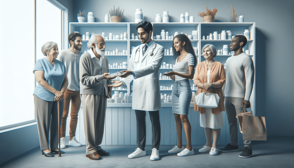 A clean, horizontal composition highlighting the theme of free medications in the public healthcare system (SUS). The image features a healthcare prof.png