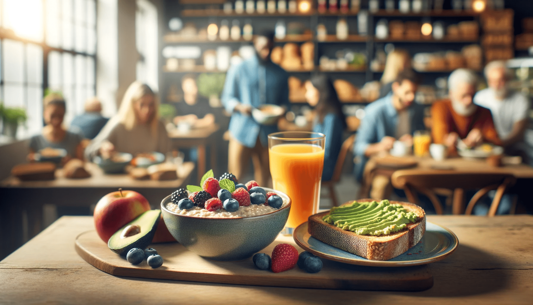 A healthy breakfast scene with a close up focus on the food items and people in the background in a gourmet bakery setting. The breakfast includes a