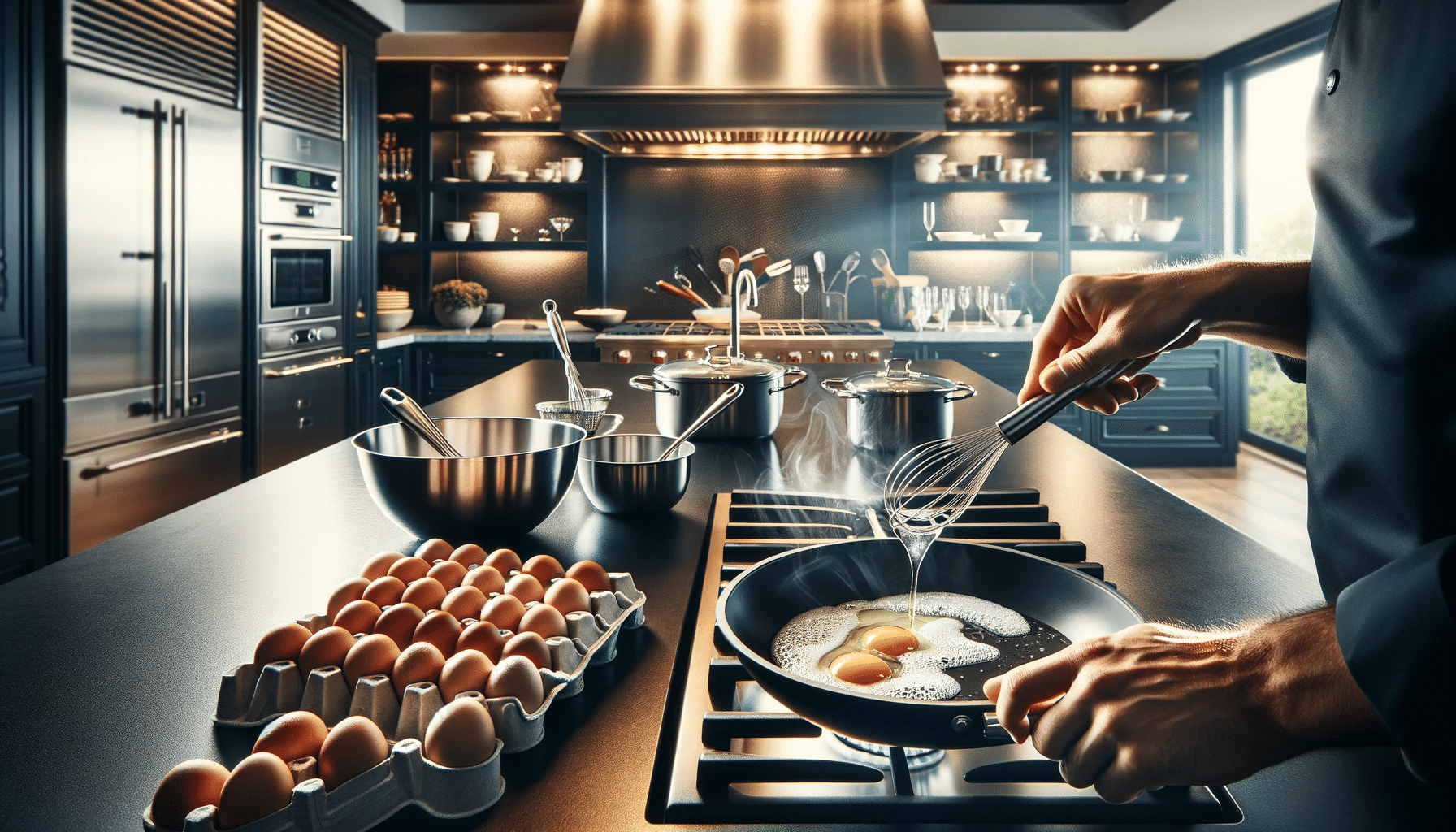 Cozinha gourmet moderna com foco em uma ilha de cozinha, onde um chef está quebrando ovos em uma frigideira sobre um fogão. A cozinha é equipada com eletrodomésticos de aço inoxidável e bancadas de granito polido.