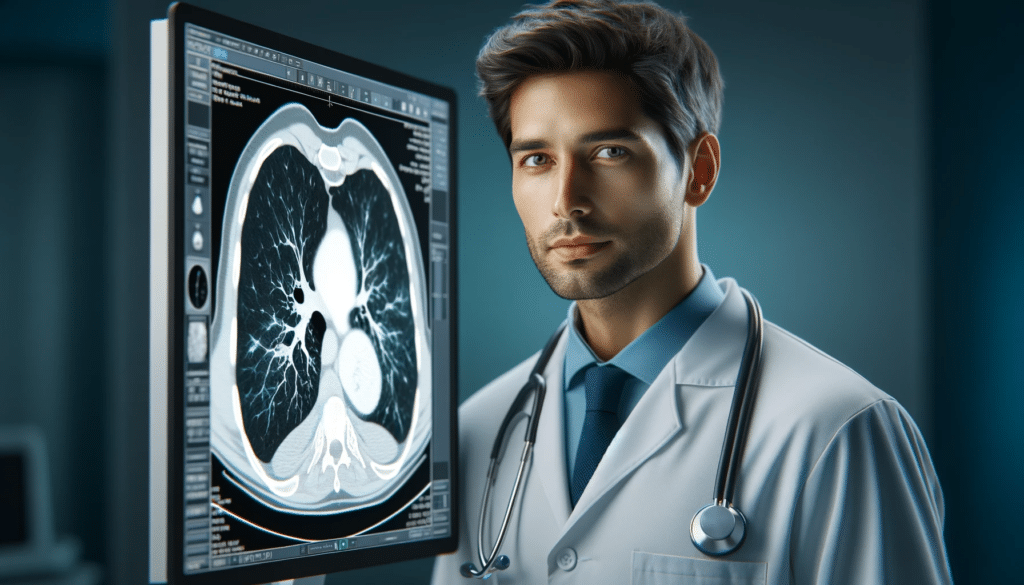 DALL·E 2023 12 20 15.16.33 Realistic image of a lung CT scan displayed on a monitor with a 30 year old doctor of mixed Caucasian Latino and Asian descent wearing a white coa