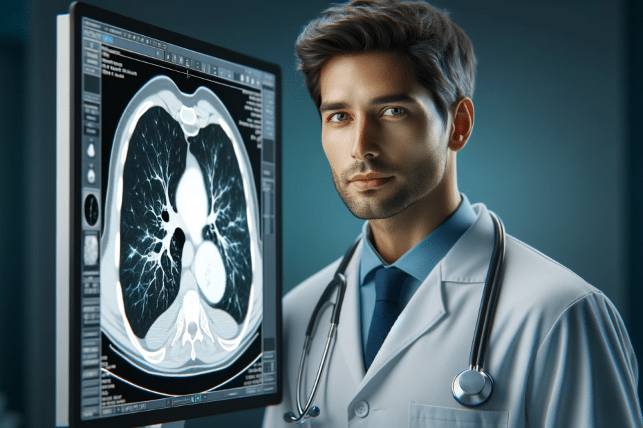 DALL·E 2023 12 20 15.16.33 Realistic image of a lung CT scan displayed on a monitor with a 30 year old doctor of mixed Caucasian Latino and Asian descent wearing a white coa