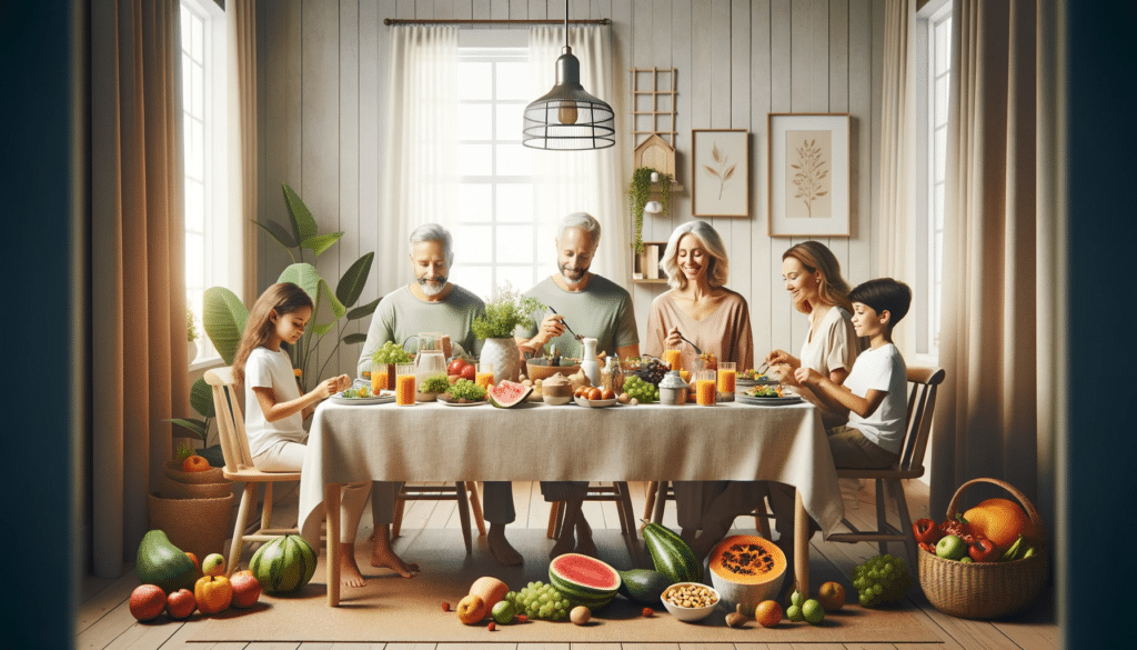 A imagem horizontal, realista e clean, representando uma família seguindo a Dieta DASH, incluindo crianças e idosos, em um ambiente tranquilo e harmonioso, está pronta.