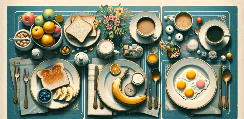 Photo in a horizontal format showcasing a breakfast table with a variety of foods. On one side a table setting that looks frequently used with a plat