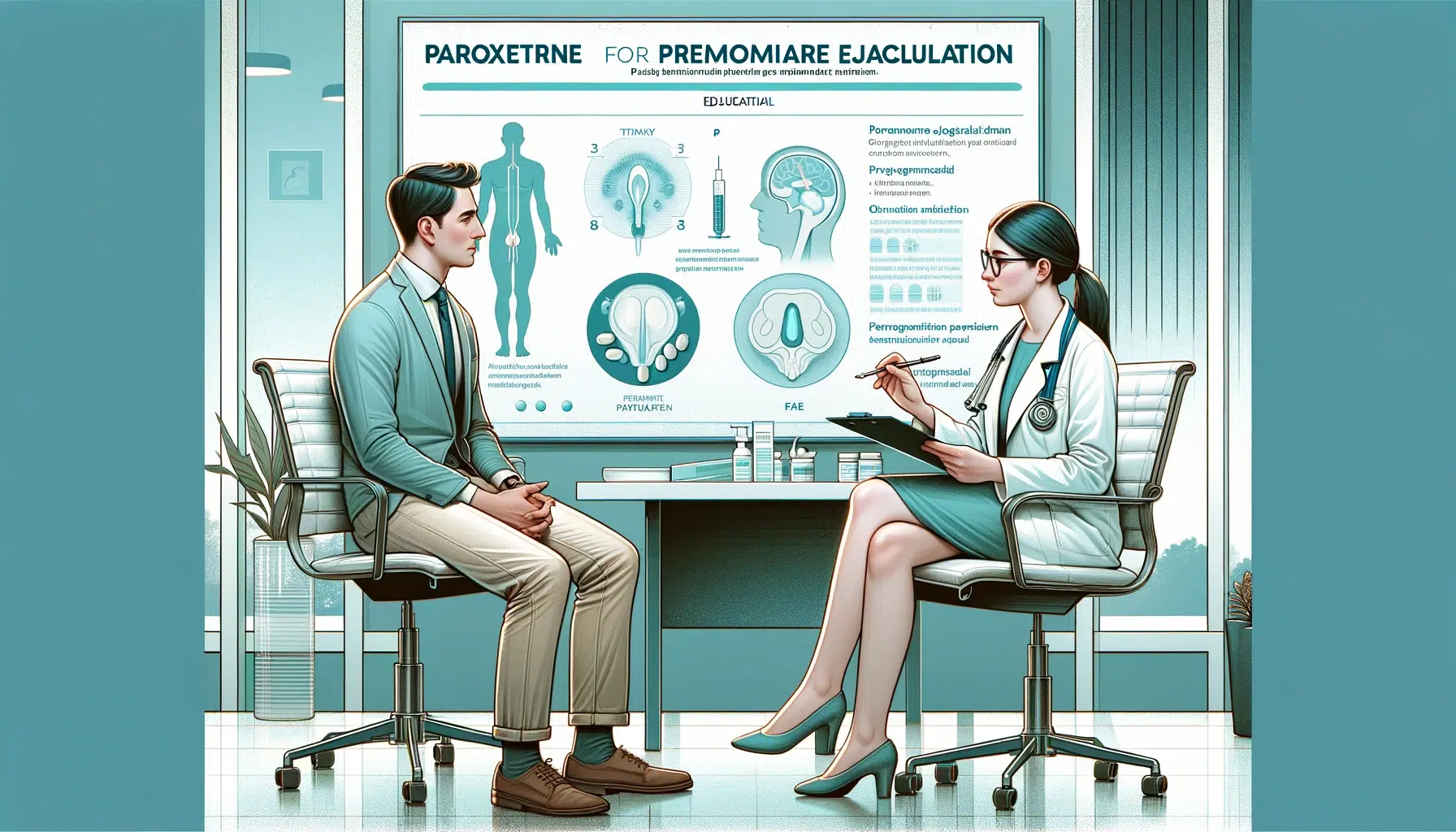 homem em consulta com uma médica, sobre o tema paroxetina para ejaculação precoce