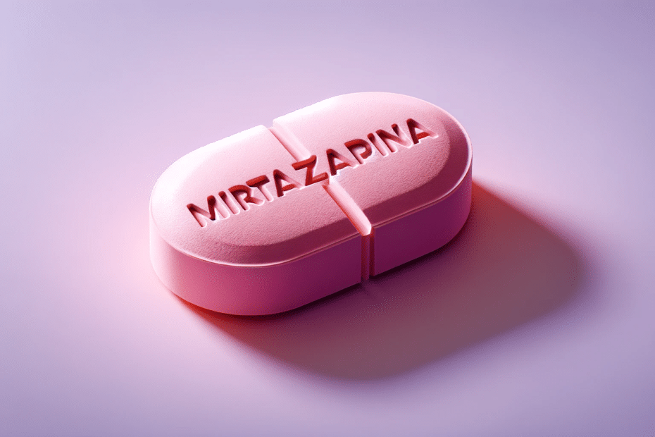 A digital illustration of a pink tablet with the word MIRTAZAPINA correctly embossed on it positioned horizontally against a smooth lavender backgr