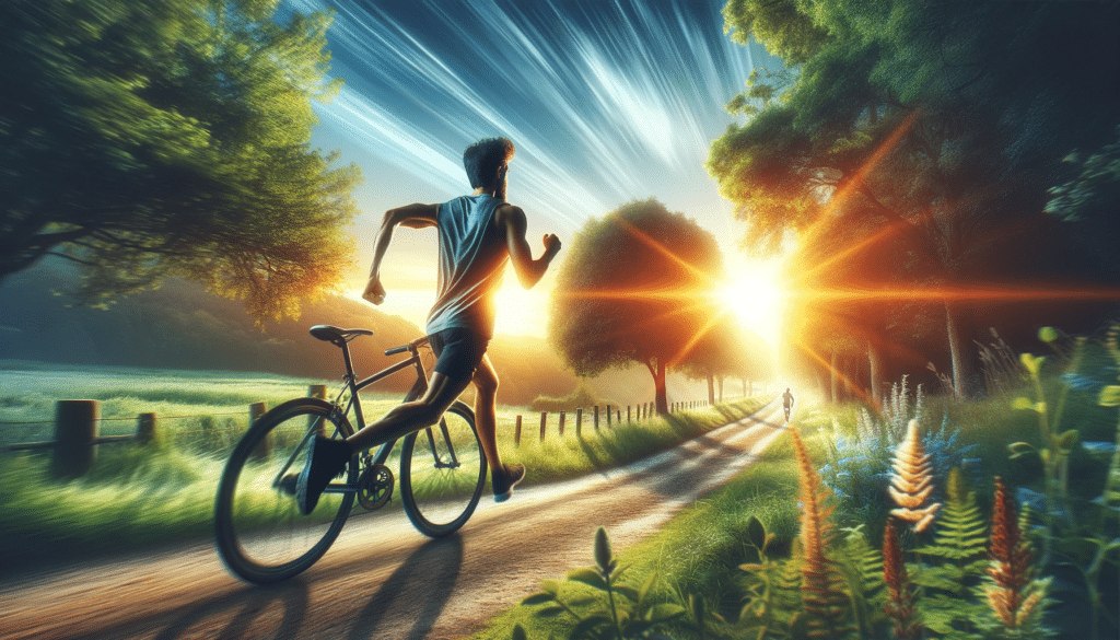 Imagem horizontal realista de uma pessoa praticando exercícios ao ar livre, correndo ou andando de bicicleta em um ambiente pitoresco, simbolizando a vitalidade e a importância da atividade física regular na regulação dos níveis de glicose.