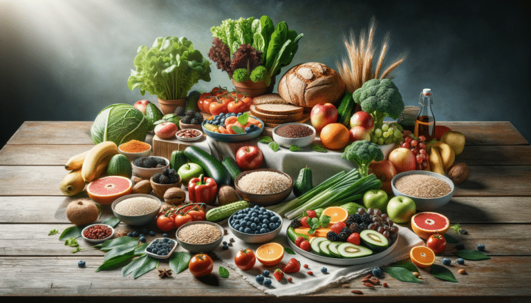 Como controlar a sua glicose em 4 pilares: Um guia para pré-diabetes 1 Imagem horizontal realista de uma mesa com alimentos de baixo índice glicêmico, incluindo uma variedade de vegetais, grãos integrais e frutas, como folhas verdes, pão integral, arroz integral, bagas, maçãs e laranjas, arranjados de forma natural e convidativa, destacando a saúde e diversidade desses alimentos.