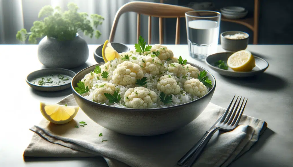A realistic image of Cauliflower Rice (Arroz de Couve-flor) served in a beautiful, modern bowl. The cauliflower rice should appear finely grated and