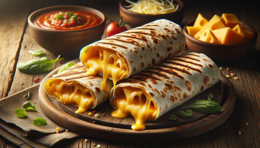 A realistic image of Cheese Wraps, displayed on a rustic wooden table. The wraps should look freshly made, with golden-brown, grilled tortillas encasi