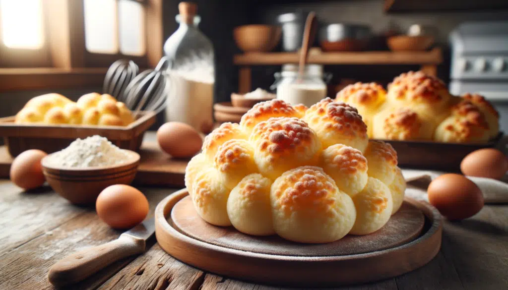 A realistic image of Cloud Bread (Pão de Nuvem), displayed on a rustic wooden table. The bread should have a light, airy texture and a golden brown cr