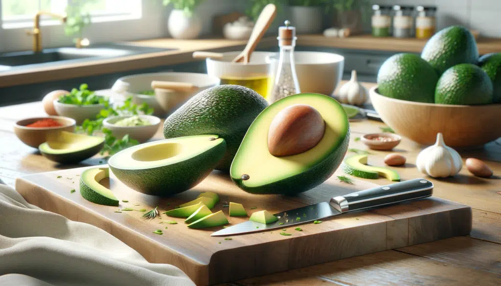 A realistic image of an avocado being cut and prepared for a recipe. The scene should show a kitchen counter with a ripe avocado half on a cutting boa