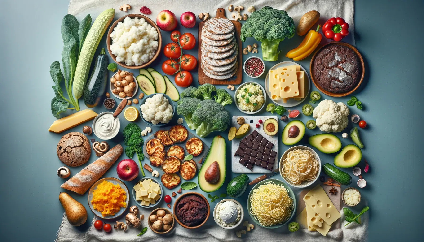 A visually captivating horizontal image featuring a variety of foods with almost zero carbohydrates. The image should