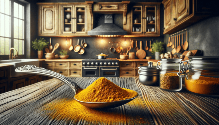 Para Que Serve a Cúrcuma: 5 Benefícios Teóricos 2 uma colher de cúrcuma em uma cozinha estilo rústico gourmet.