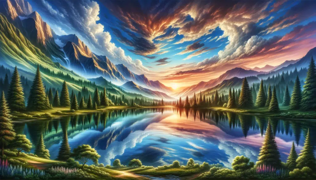 DALL·E 2023 11 20 14.18.39 A breathtaking and detailed horizontal illustration of a stunningly beautiful landscape. The scene should depict a serene and picturesque environment
