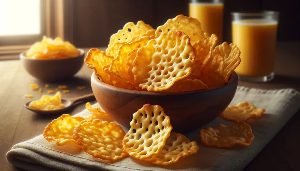  Realistic images of Cheese Chips, focusing on their crispy and golden appearance. The first image should feature a bowl of freshly baked Cheese Chips