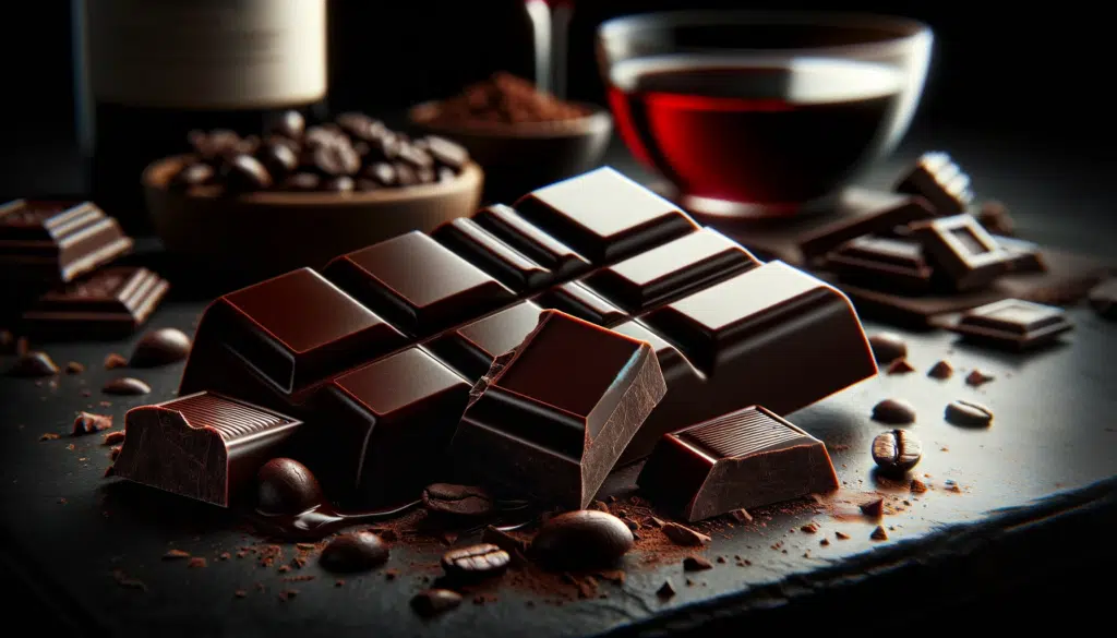 Realistic images of Dark Chocolate, showcasing its rich and luxurious texture. The first image should feature a few pieces of dark chocolate on a dark