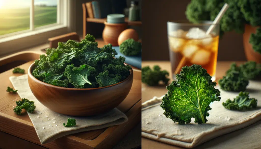 Realistic images of Kale Chips (Chips de Couve), displayed in a casual snacking setting. The first image should show a bowl of crispy, freshly baked K.