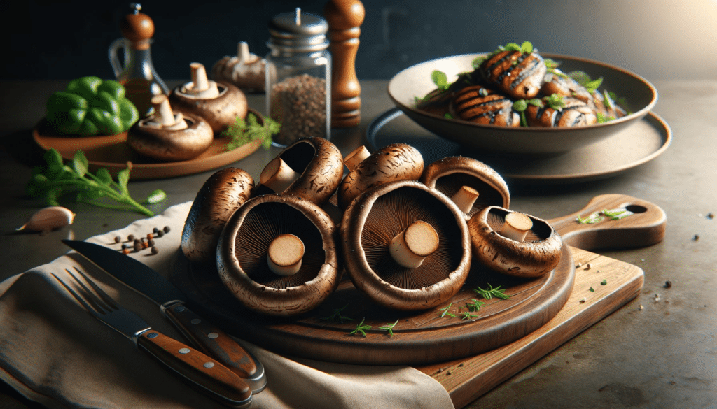 Realistic images of Portobello mushrooms, focusing on their unique texture and size. The first image should show a group of fresh Portobello mushrooms