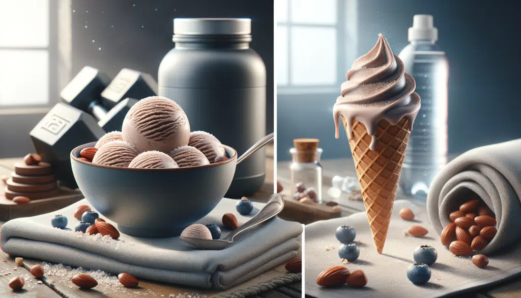  Realistic images of Protein Ice Cream, showcasing a healthy and appetizing appearance. The first image should feature a bowl of creamy Protein Ice Cre