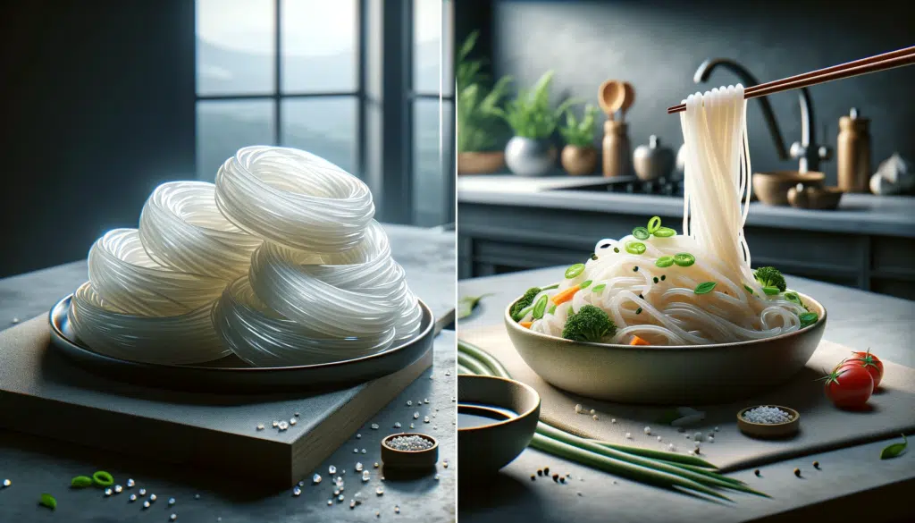  Realistic images of Shirataki Noodles (Macarrão Shirataki), focusing on their unique, translucent texture. The first image should showcase Shirataki n