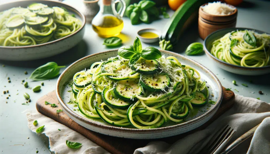  Realistic images of Zucchini Spaghetti (Espaguete de Abobrinha), focusing on the fresh and healthy aspects of the dish. The first image should feature.