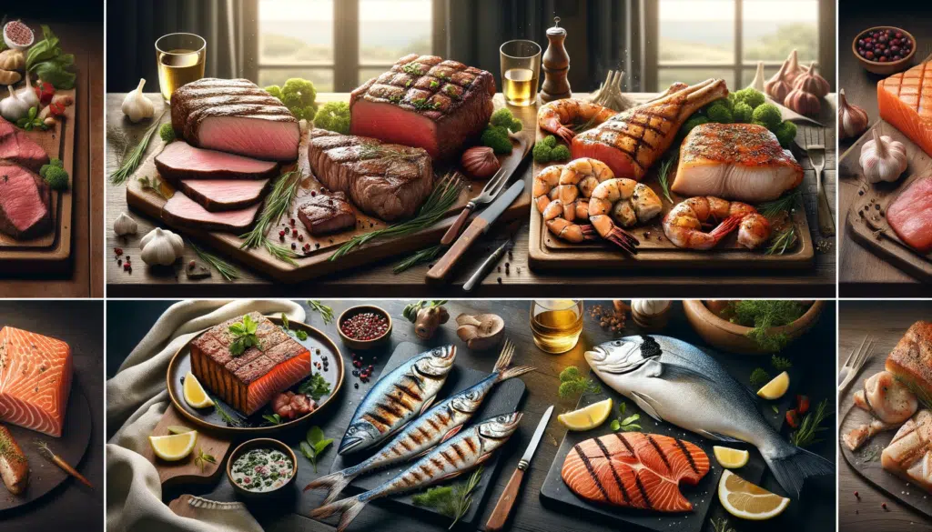  Realistic images of a variety of meats and fish, showcasing their textures and presentation styles. The first image should feature an assortment of me.