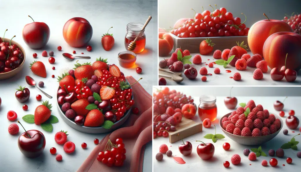  Realistic images of red fruits, showcasing a variety of textures and shades. The first image should feature a collection of different red fruits like 
