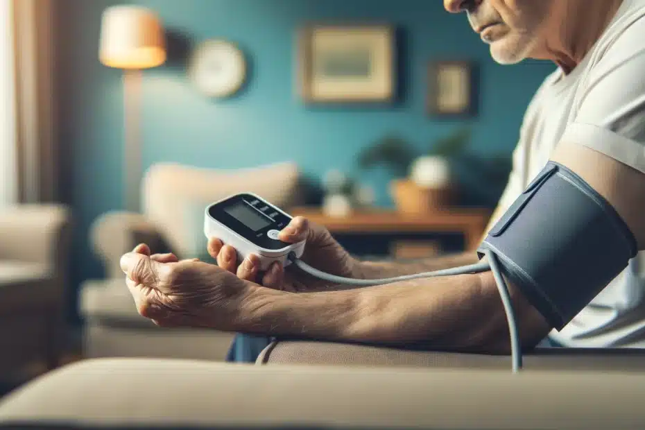 A close up view of an adult sitting on a standard couch in a typical home setting using an automatic blood pressure monitor on their arm. The focus i