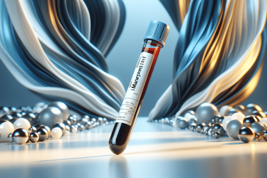 An ultra realistic high resolution image of a blood test tube slightly tilted in a horizontal format. The test tube is in sharp focus with a clear