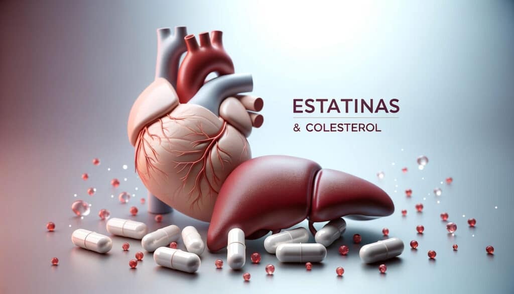 Portal Medicina Ribeirao Professional photo of a realistic human heart and liver set against a soft gradient background. Beside them capsules of statins are scattered empha