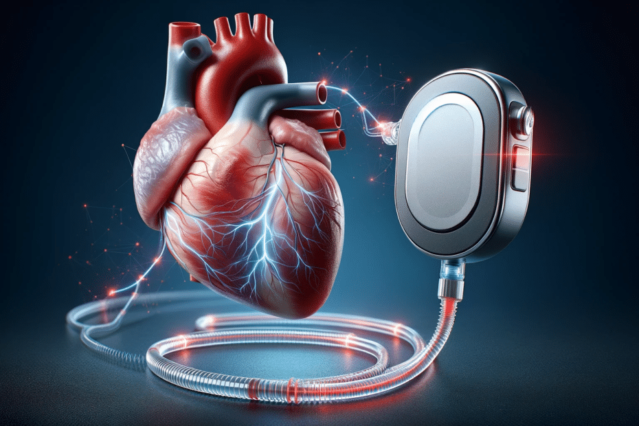 pacemaker theme by creating a horizontal format image that includes a highly detailed realistic human heart connected to a mod