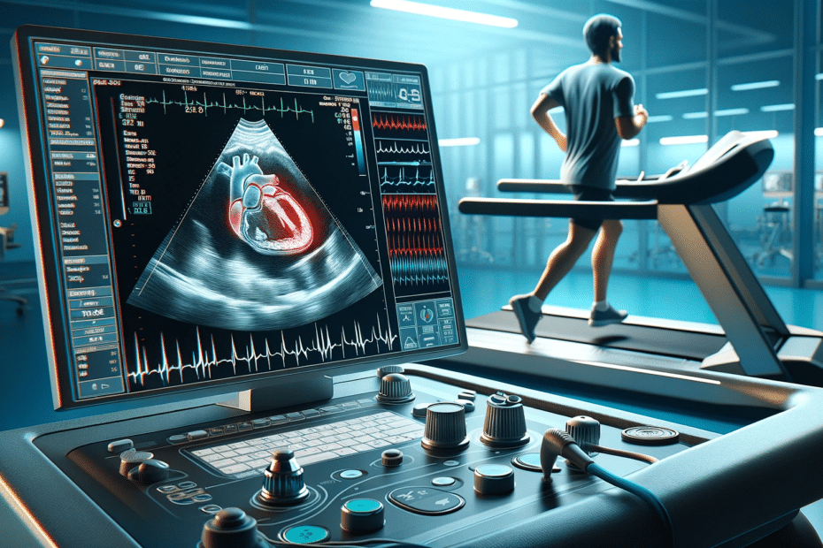 A highly detailed realistic horizontal image showing myocardial ischemia detection during a treadmill stress test featuring an echocardiogram machi 1