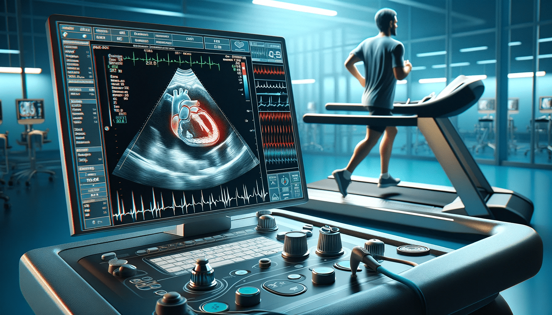 A highly detailed realistic horizontal image showing myocardial ischemia detection during a treadmill stress test featuring an echocardiogram machi