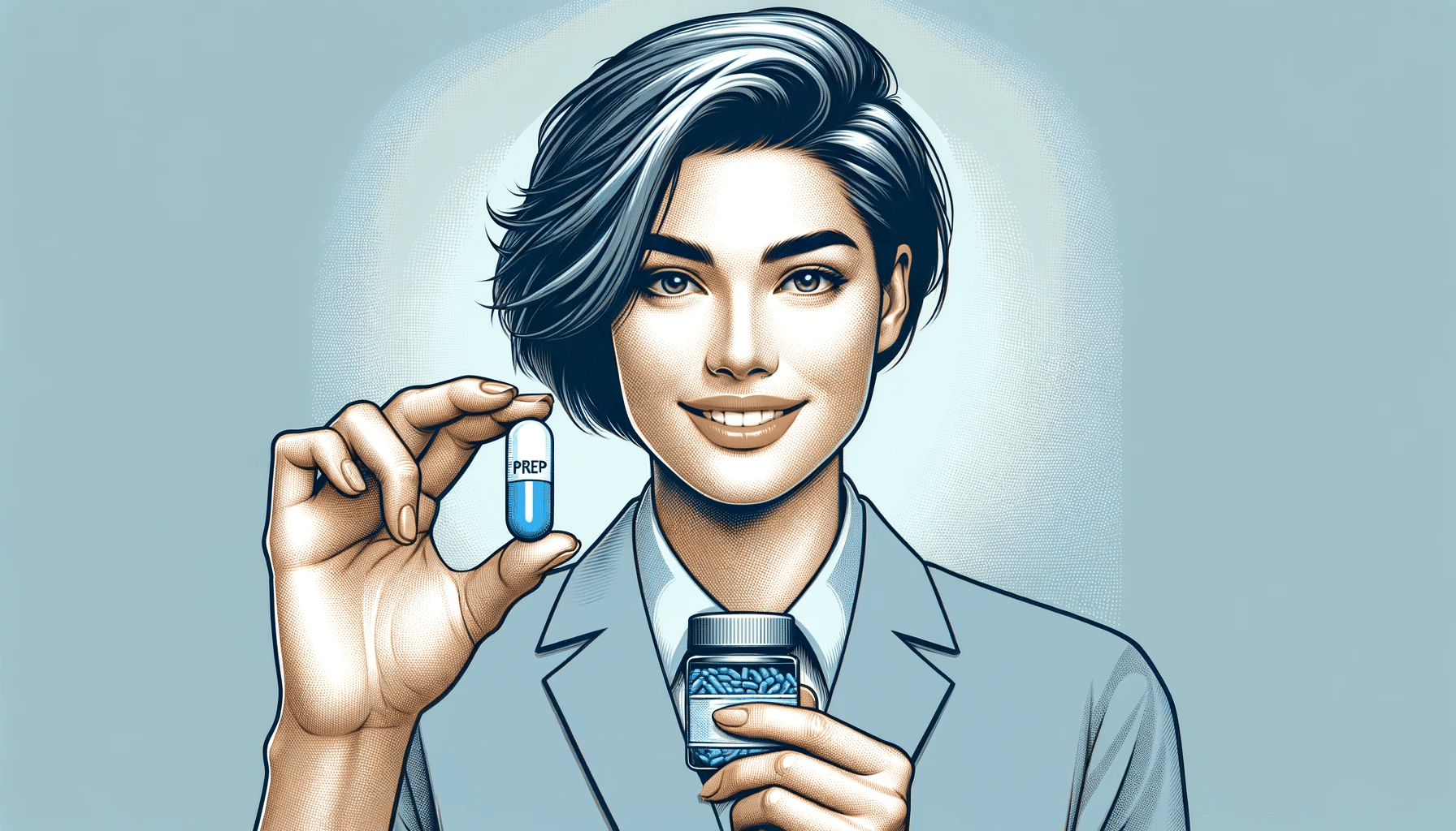 Create a high resolution horizontal image of a person in the background holding a pill with the word Prep inscribed on it. The person should appear
