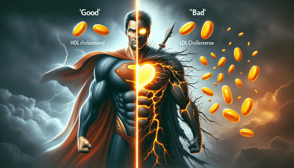 Create a horizontal photo realistic image comparing good HDL cholesterol and bad LDL cholesterol. On one side depict HDL as a heroic figure or a