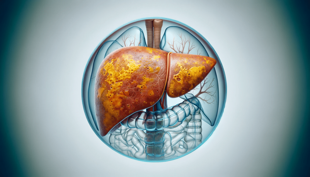 DALL·E 2023 12 03 23.05.01 Create a detailed and accurate image of a fatty liver within a human body showcasing a realistic liver with a textured surface indicative of steatosi