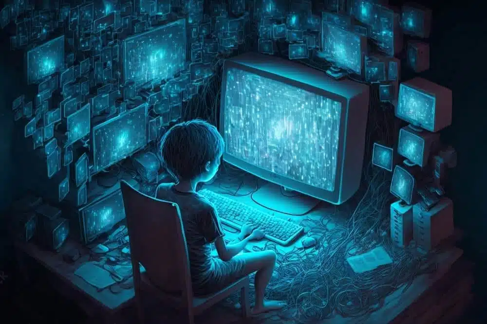 criança em uma sala com inúmeros computadores jogando um jogo de matrix em um videogame